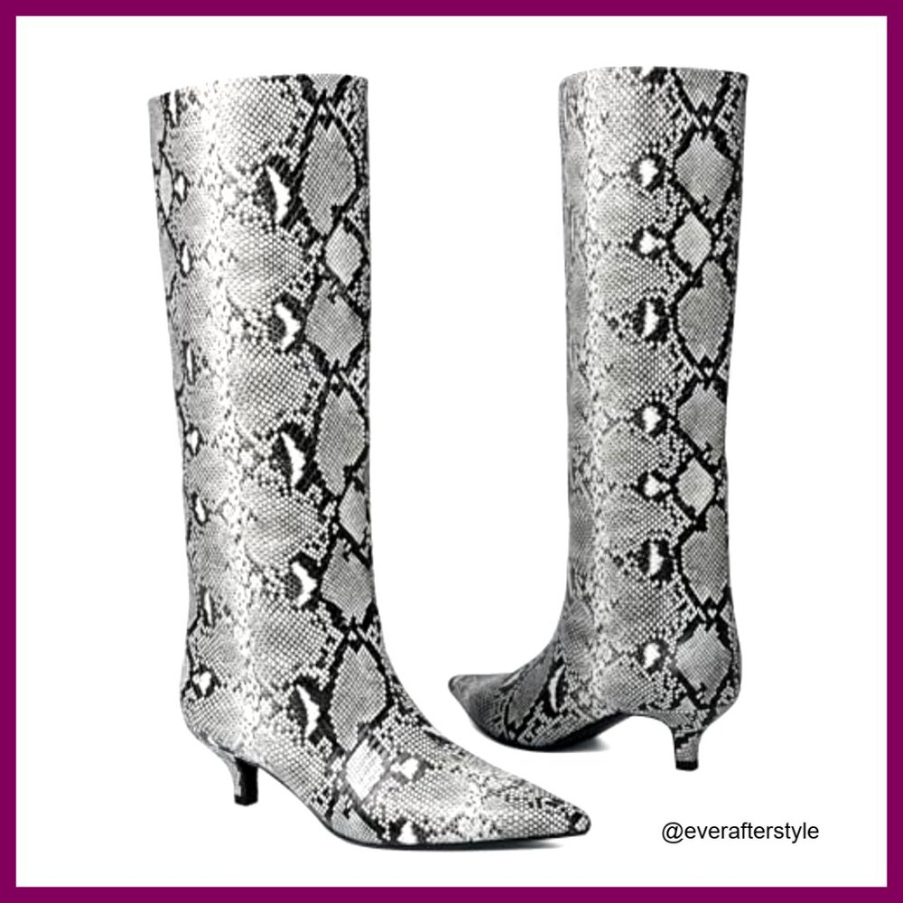 Snake-Pattern PU Leather Knee High Boots Kitten Heel Pointed Toe Pull On - Picture 4 of 7